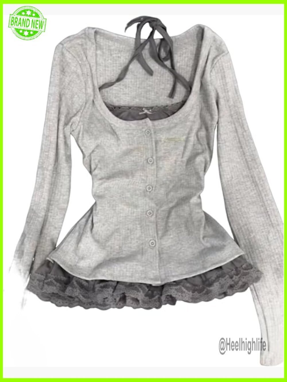 Vintage Grunge Y2K Halter Crop Top Lace Long Sleeve Streetwear Blouse